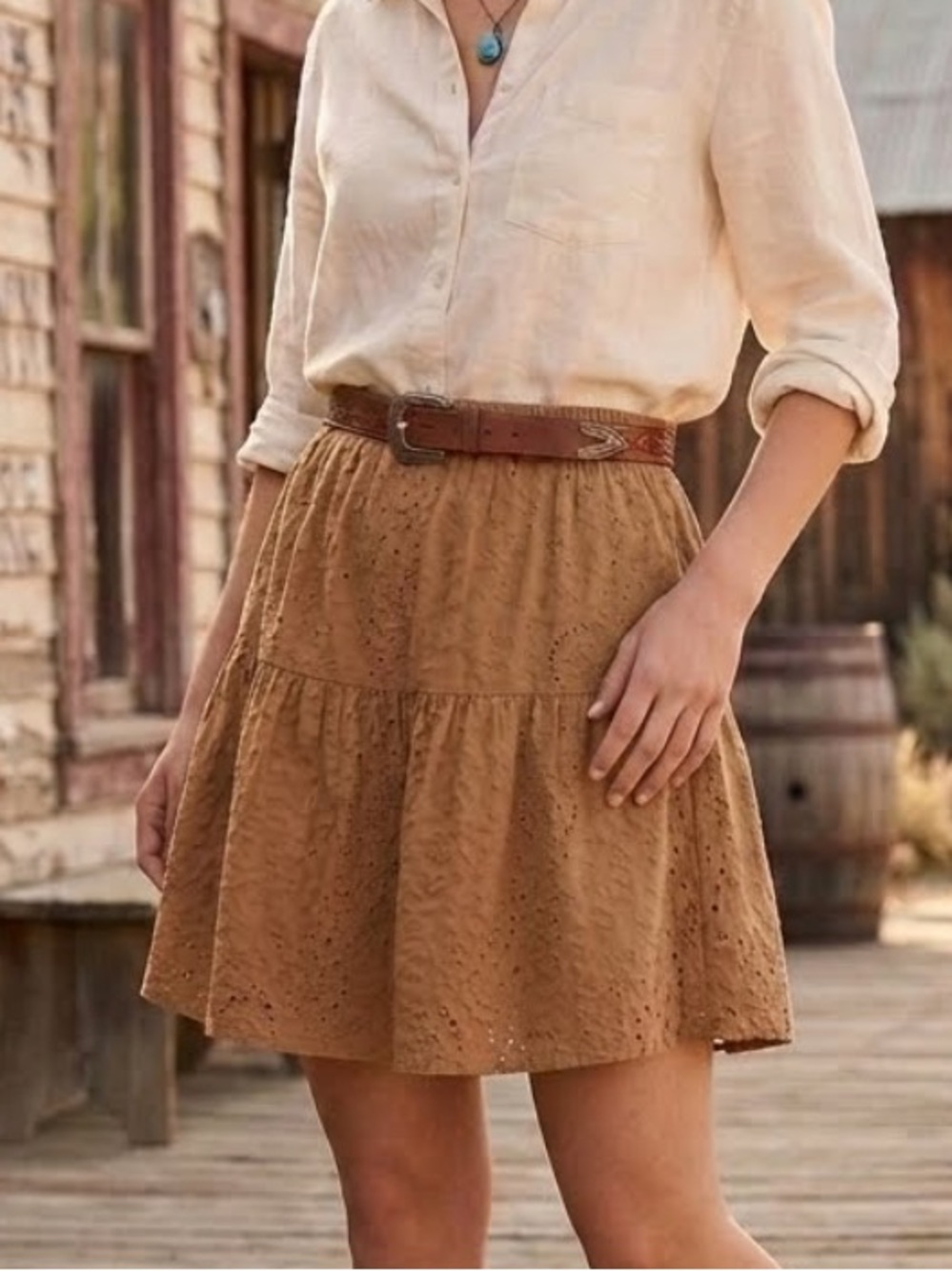 Adorable Faux Suede Tiered Eyelet Mini Skirt in Brown - western - milkmaid